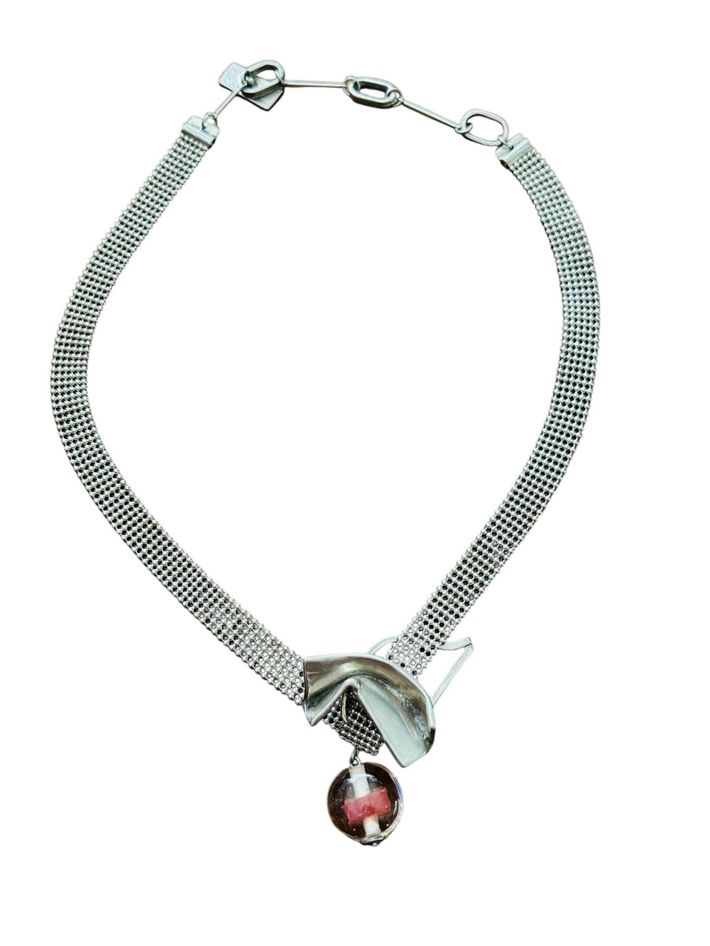 Anne-Marie Chagnon Canadian Brutalist Mesh Necklace Glass Orb Silver Tone 18”